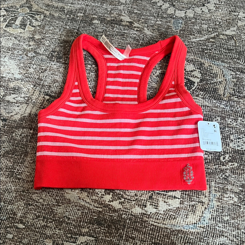 Free People Red And Pink Striped Ribbed Racerback Bralette